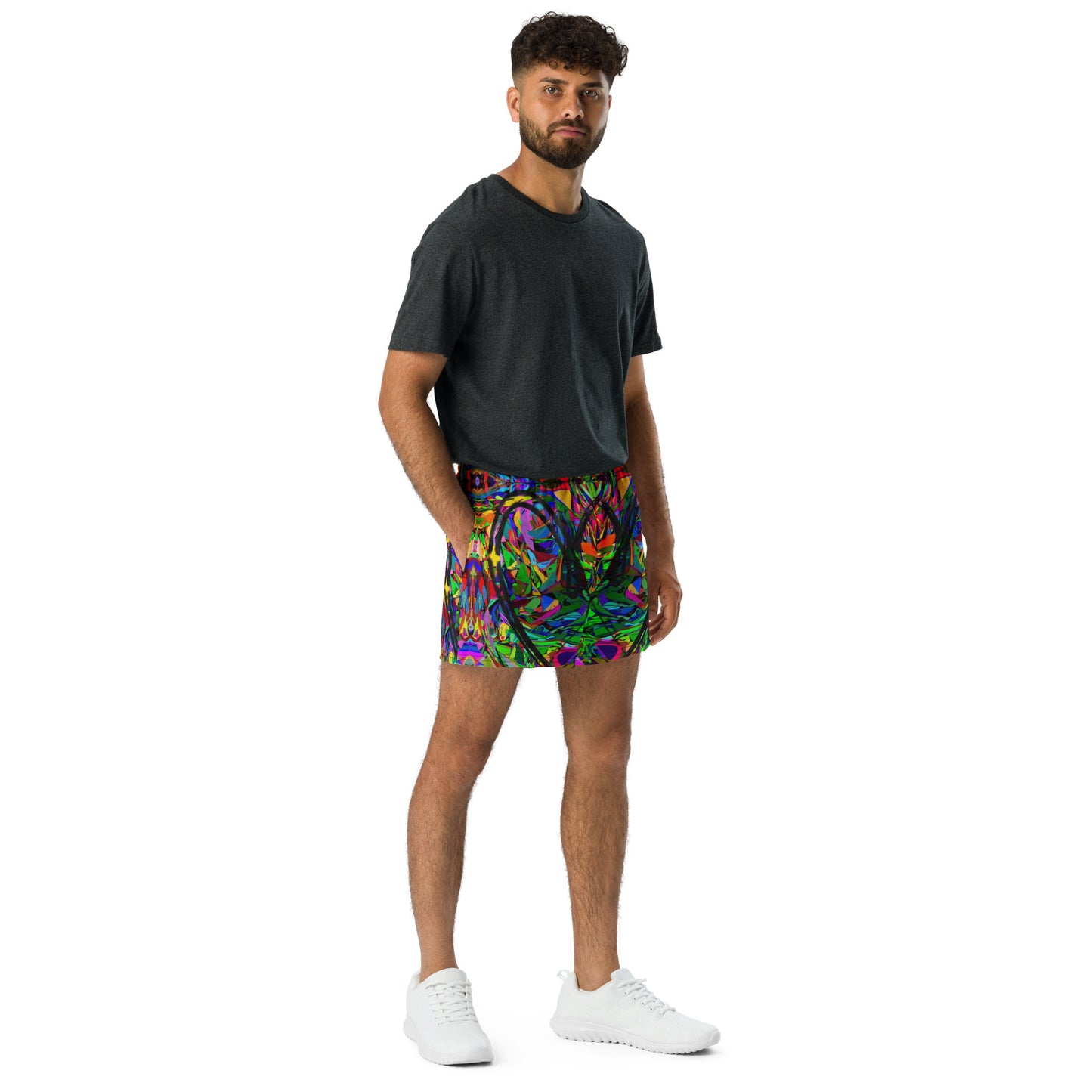 Neon Mythos unisex athletic shorts with vibrant abstract art print in recycled fabric by Hipyfi Clothes & Design – eco-friendly workout wear Front-3
