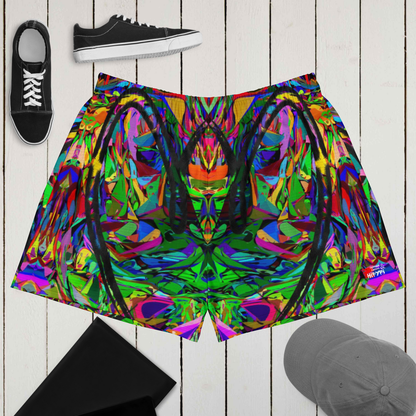 Neon Mythos unisex athletic shorts with vibrant abstract art print in recycled fabric by Hipyfi Clothes & Design – eco-friendly workout wear Front-5