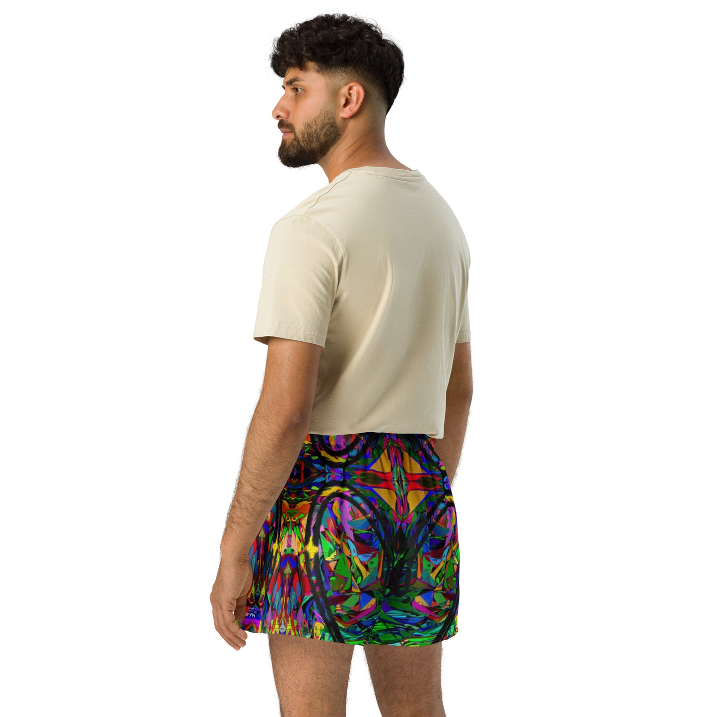 Neon Mythos unisex athletic shorts with vibrant abstract art print in recycled fabric by Hipyfi Clothes & Design – eco-friendly workout wear Right-Back