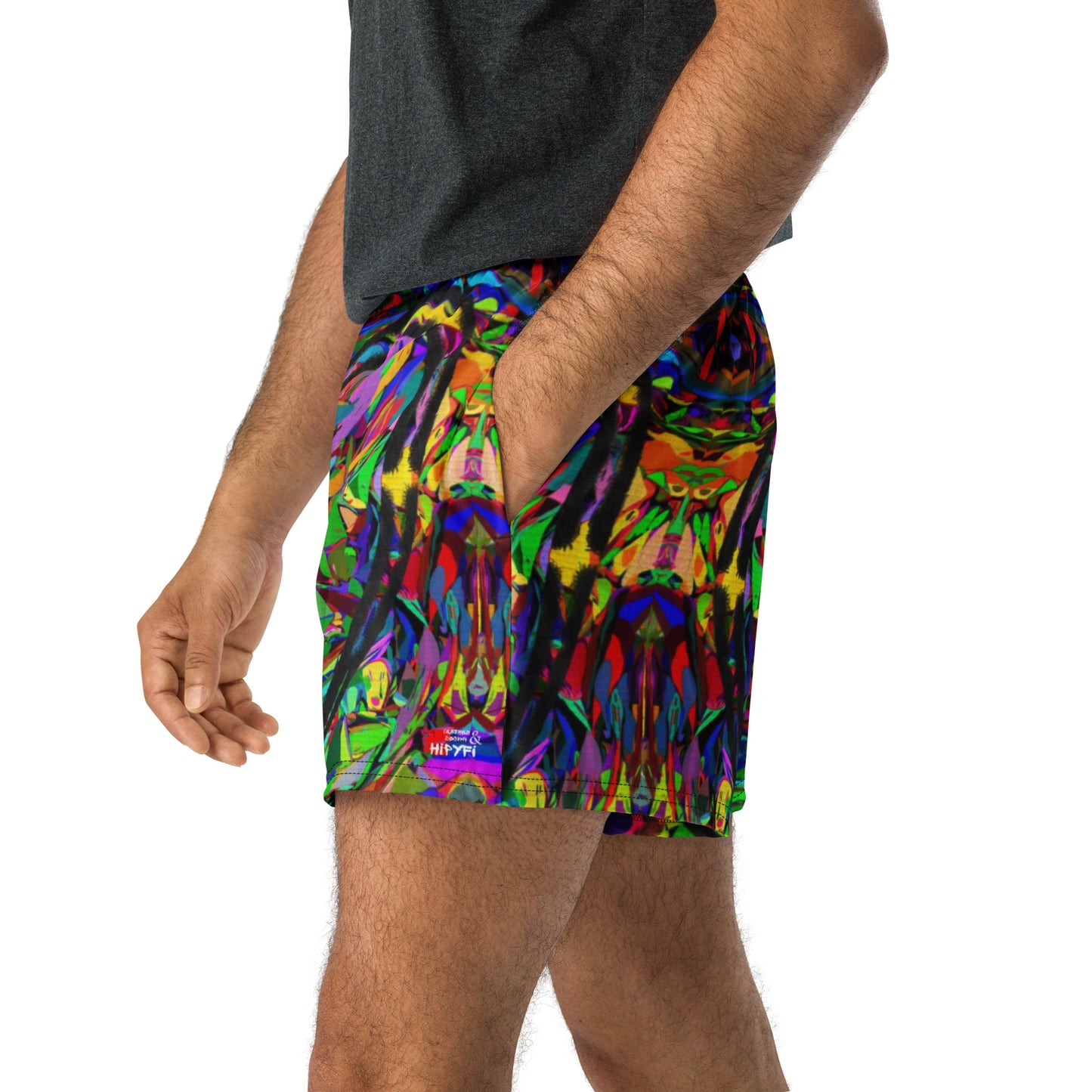 Neon Mythos unisex athletic shorts with vibrant abstract art print in recycled fabric by Hipyfi Clothes & Design – eco-friendly workout wear Front zoomed-in