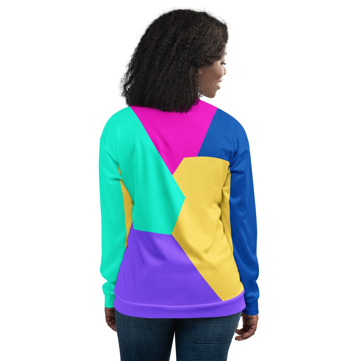 Unisex bomber jacket with Memphis style color block geometric design in bold 80s-inspired colors by Hipyfi Clothes & Design. back-4