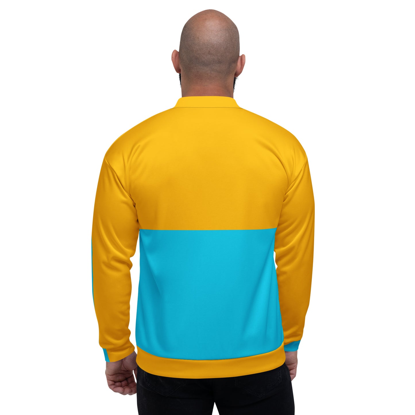 Modern unisex color-block bomber jacket in mustard yellow and cyan blue by Hipyfi Clothes & Design. back-3