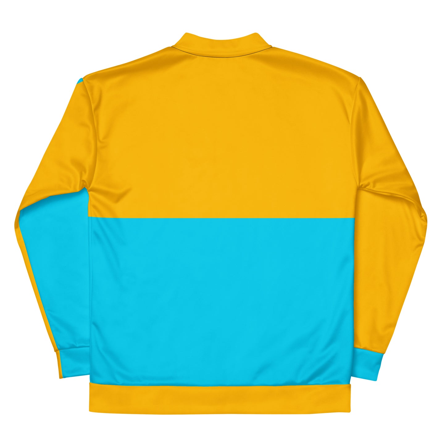 Modern unisex color-block bomber jacket in mustard yellow and cyan blue by Hipyfi Clothes & Design. back-6