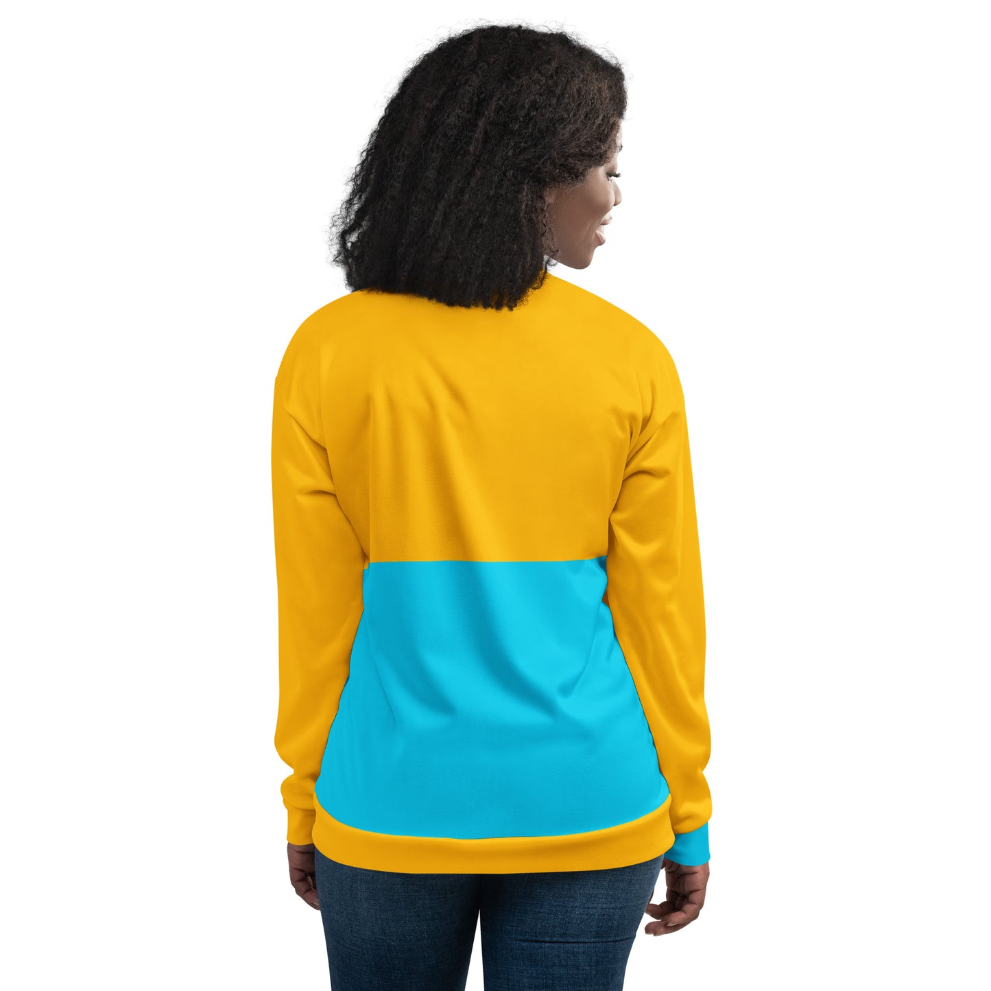 Modern unisex color-block bomber jacket in mustard yellow and cyan blue by Hipyfi Clothes & Design. back-4