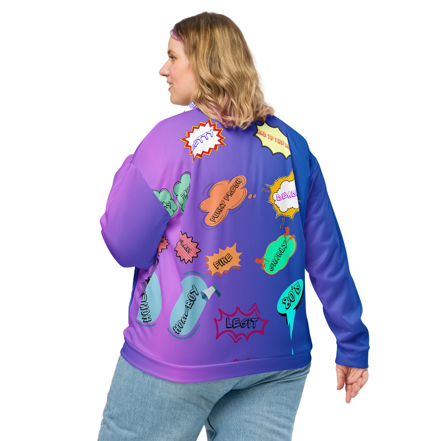 Unisex 80s comic bomber jacket with retro pop art design by Hipyfi Clothes & Design. back