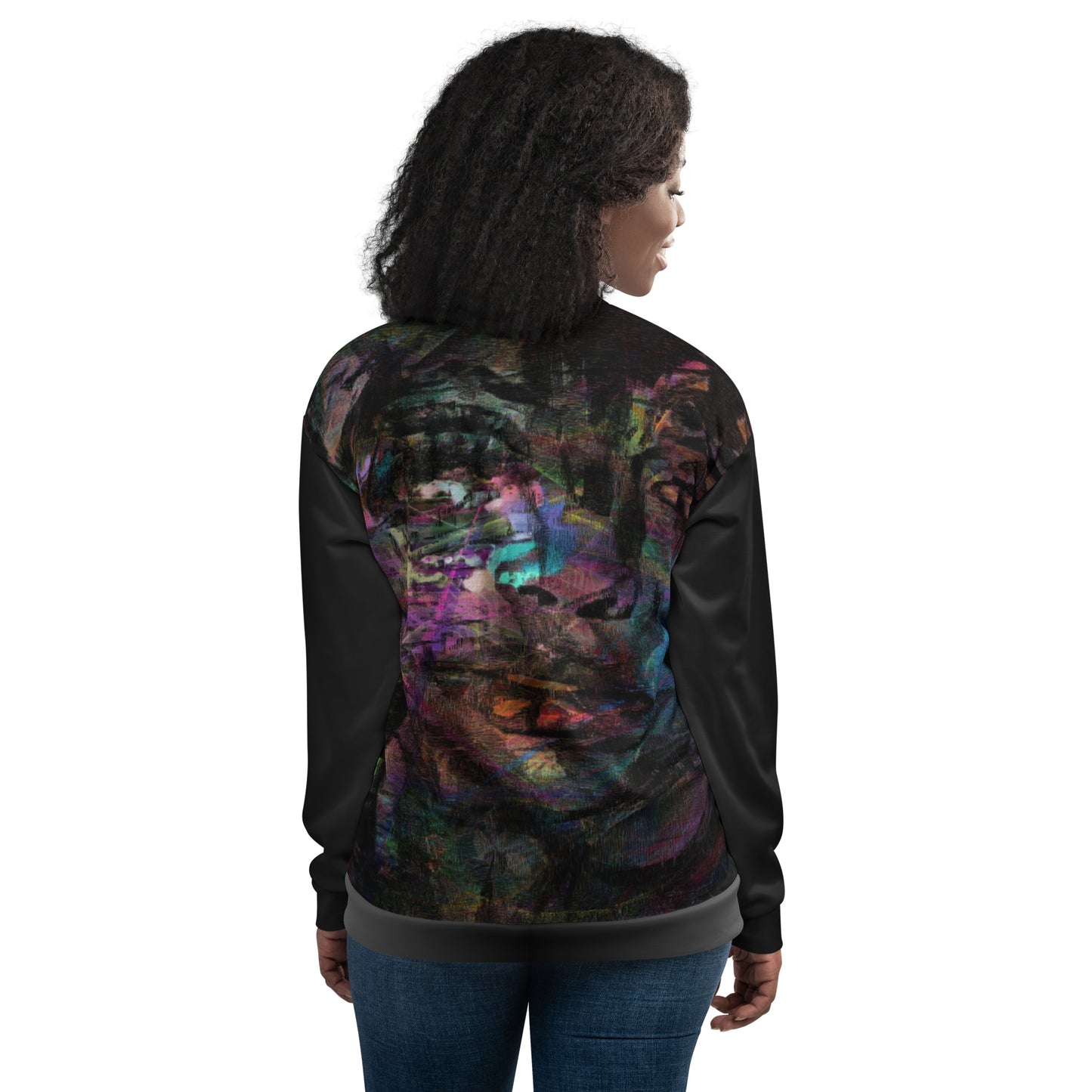 Chromatic Dreams Unisex Abstract Bomber Jacket with vibrant colorful print, featuring abstract art design, by Hipyfi Clothes & Design back-4