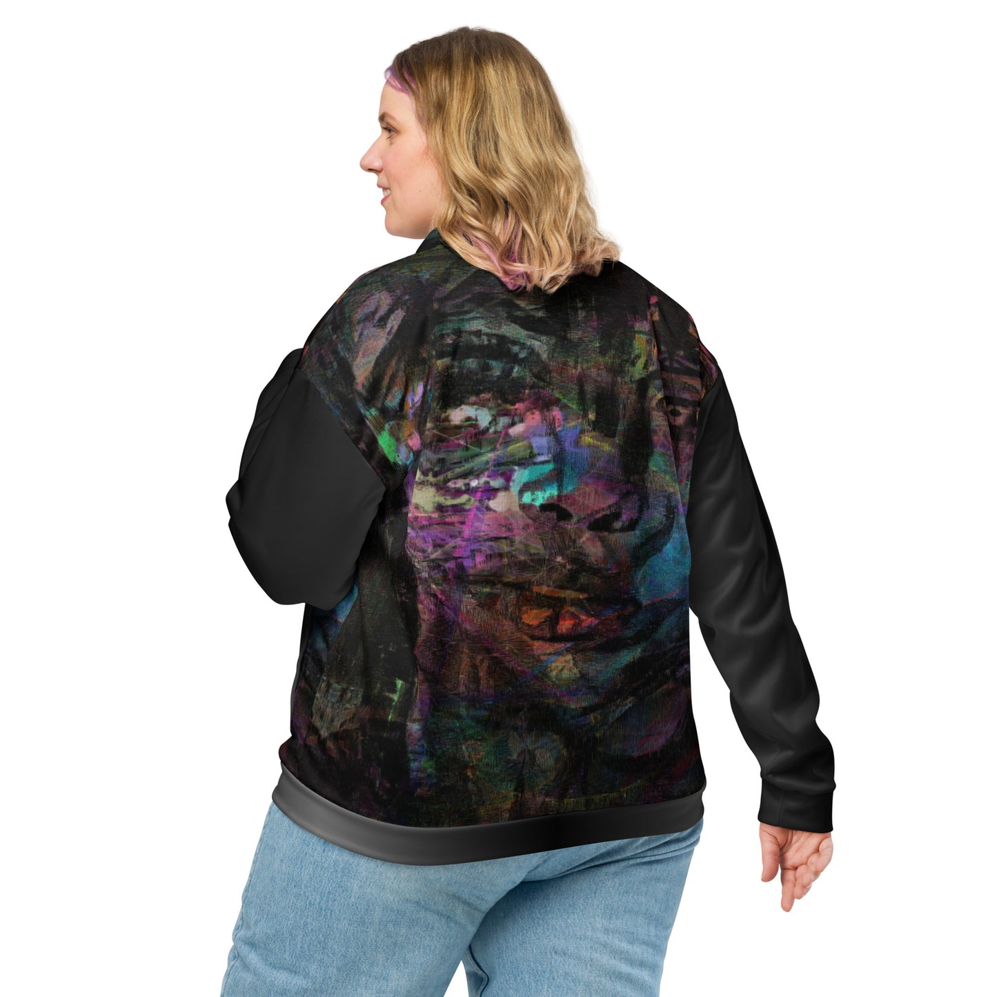 Chromatic Dreams Unisex Abstract Bomber Jacket with vibrant colorful print, featuring abstract art design, by Hipyfi Clothes & Design back