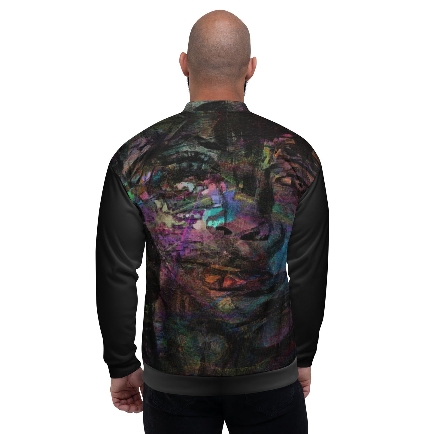 Chromatic Dreams Unisex Abstract Bomber Jacket with vibrant colorful print, featuring abstract art design, by Hipyfi Clothes & Design back-3