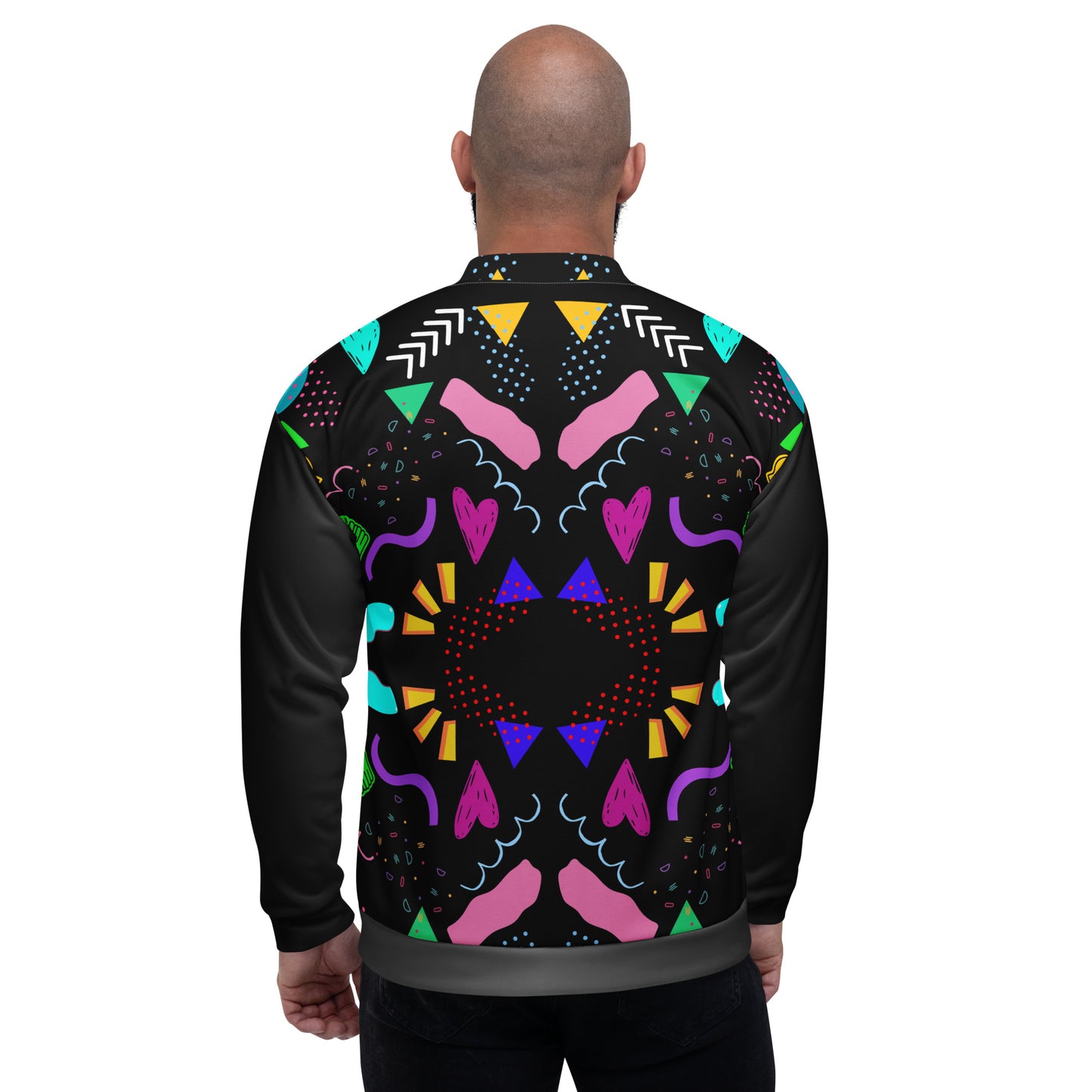 Unisex bomber jacket with retro pop art Memphis design by Hipyfi Clothes & Design. back-2