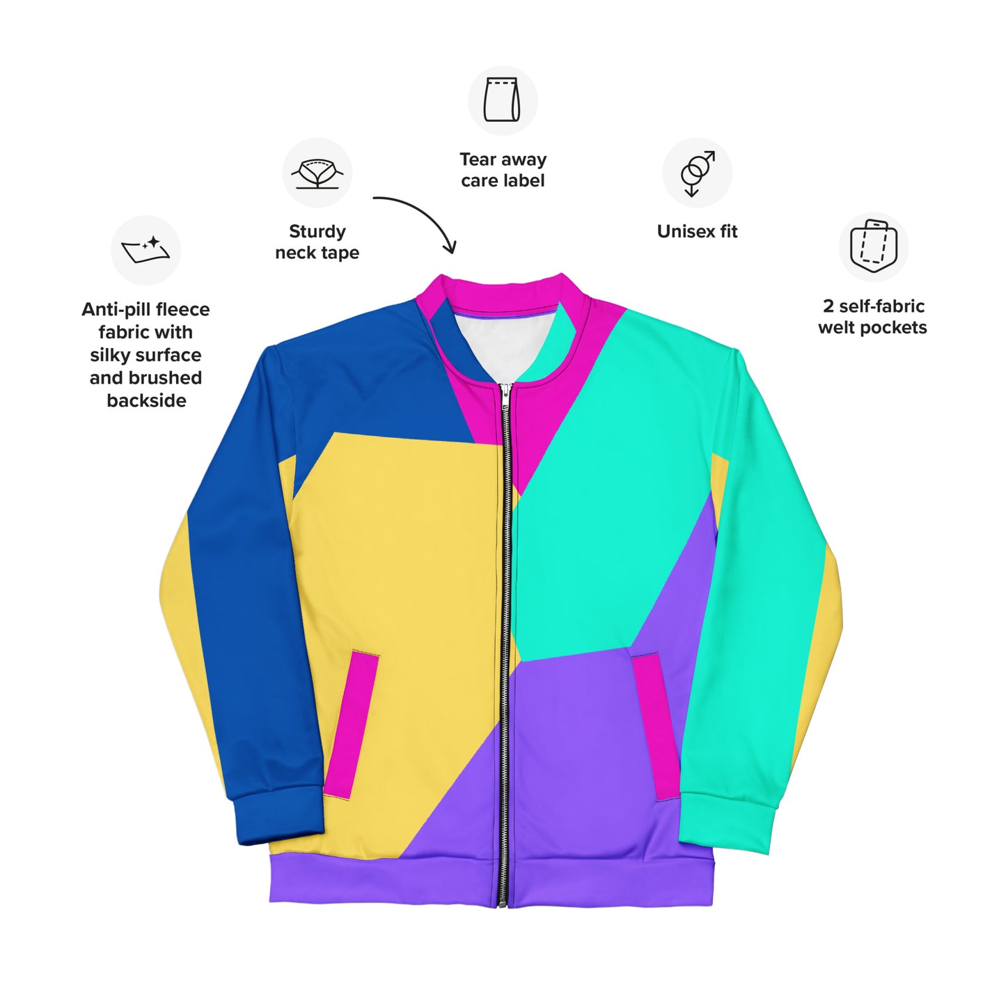 Unisex bomber jacket with Memphis style color block geometric design in bold 80s-inspired colors by Hipyfi Clothes & Design. Product-info