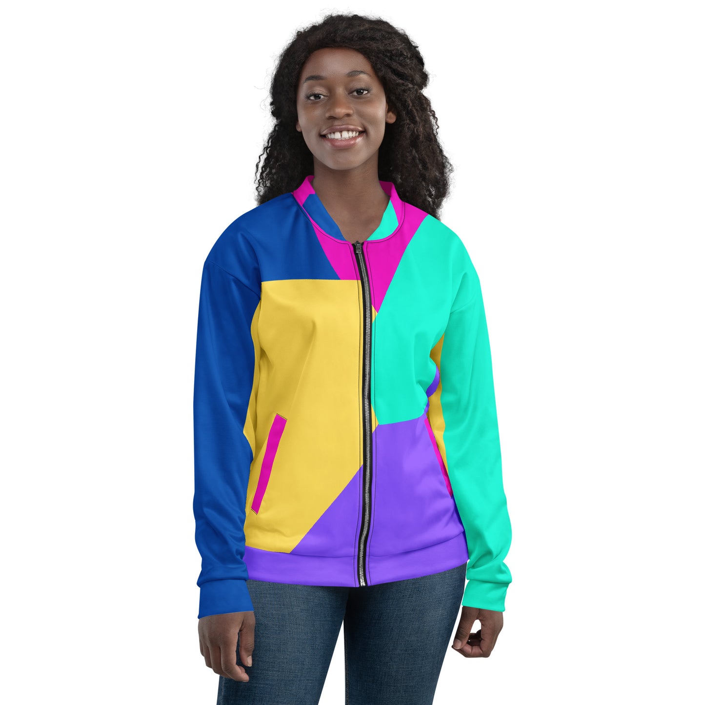 Unisex bomber jacket with Memphis style color block geometric design in bold 80s-inspired colors by Hipyfi Clothes & Design. front-4