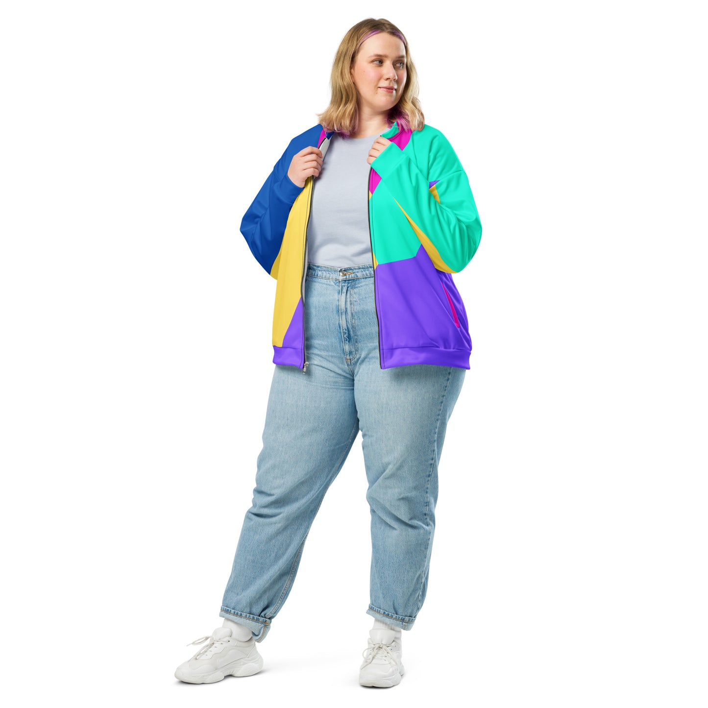 Unisex bomber jacket with Memphis style color block geometric design in bold 80s-inspired colors by Hipyfi Clothes & Design. front-2