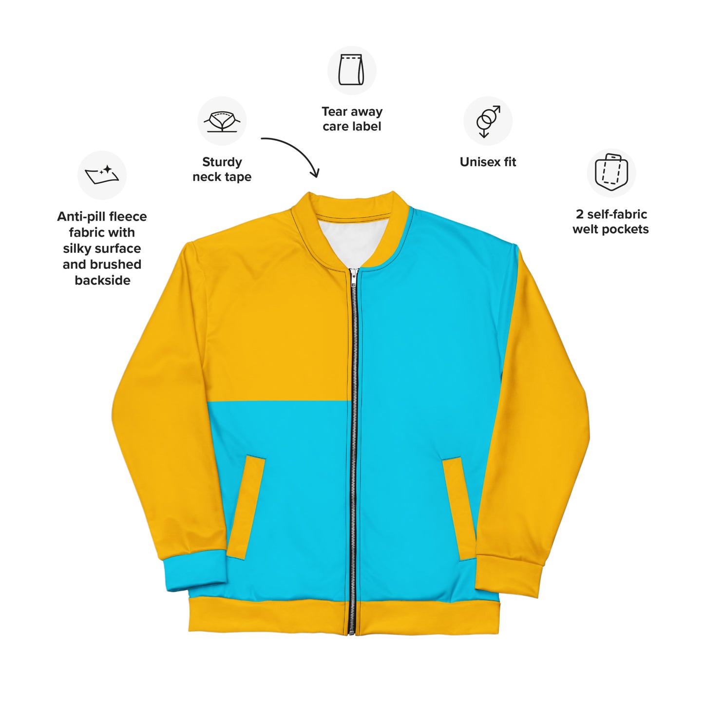 Modern unisex color-block bomber jacket in mustard yellow and cyan blue by Hipyfi Clothes & Design. Product-info