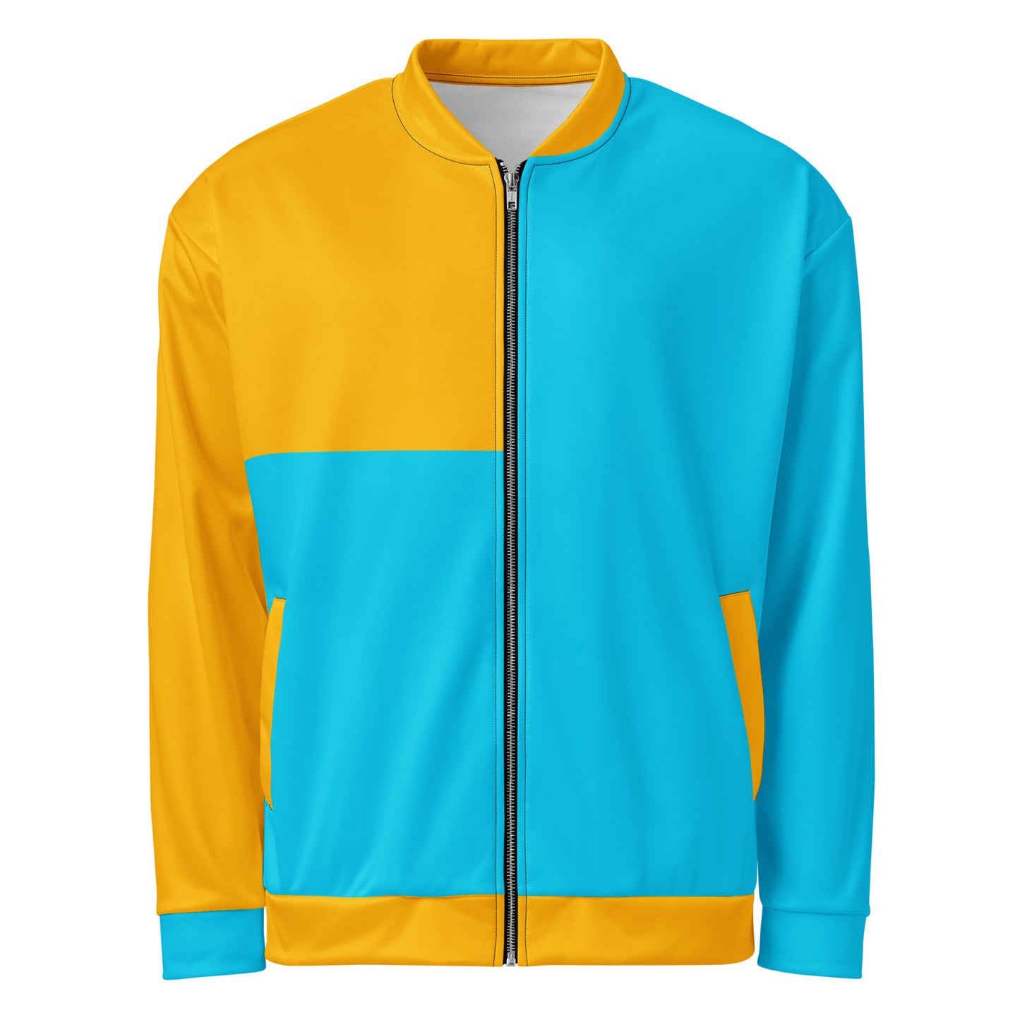 Modern unisex color-block bomber jacket in mustard yellow and cyan blue by Hipyfi Clothes & Design. front-5