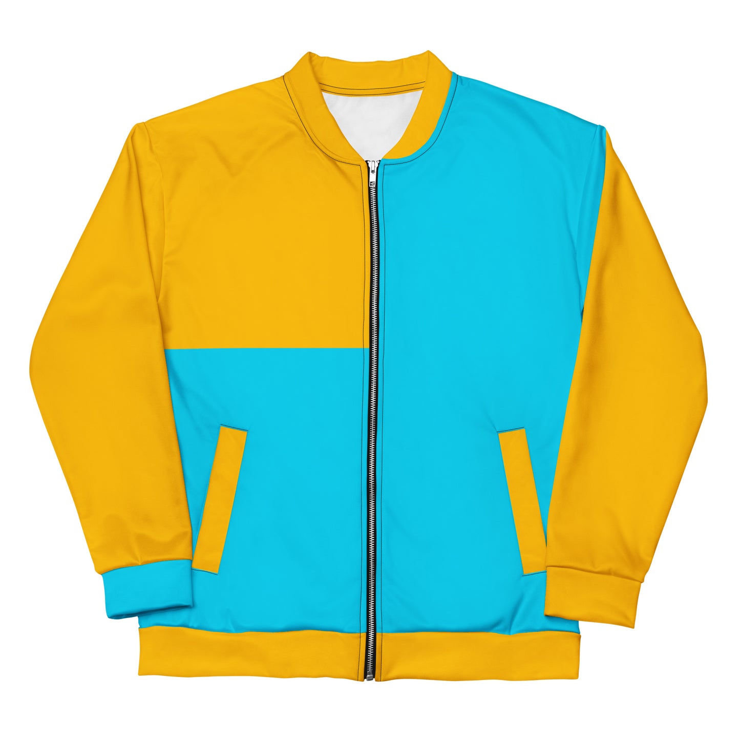 Modern unisex color-block bomber jacket in mustard yellow and cyan blue by Hipyfi Clothes & Design. front-6