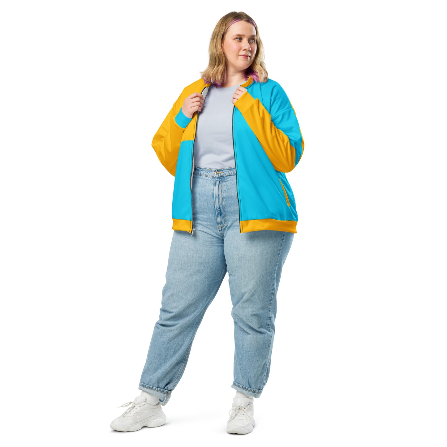 Modern unisex color-block bomber jacket in mustard yellow and cyan blue by Hipyfi Clothes & Design. front-2