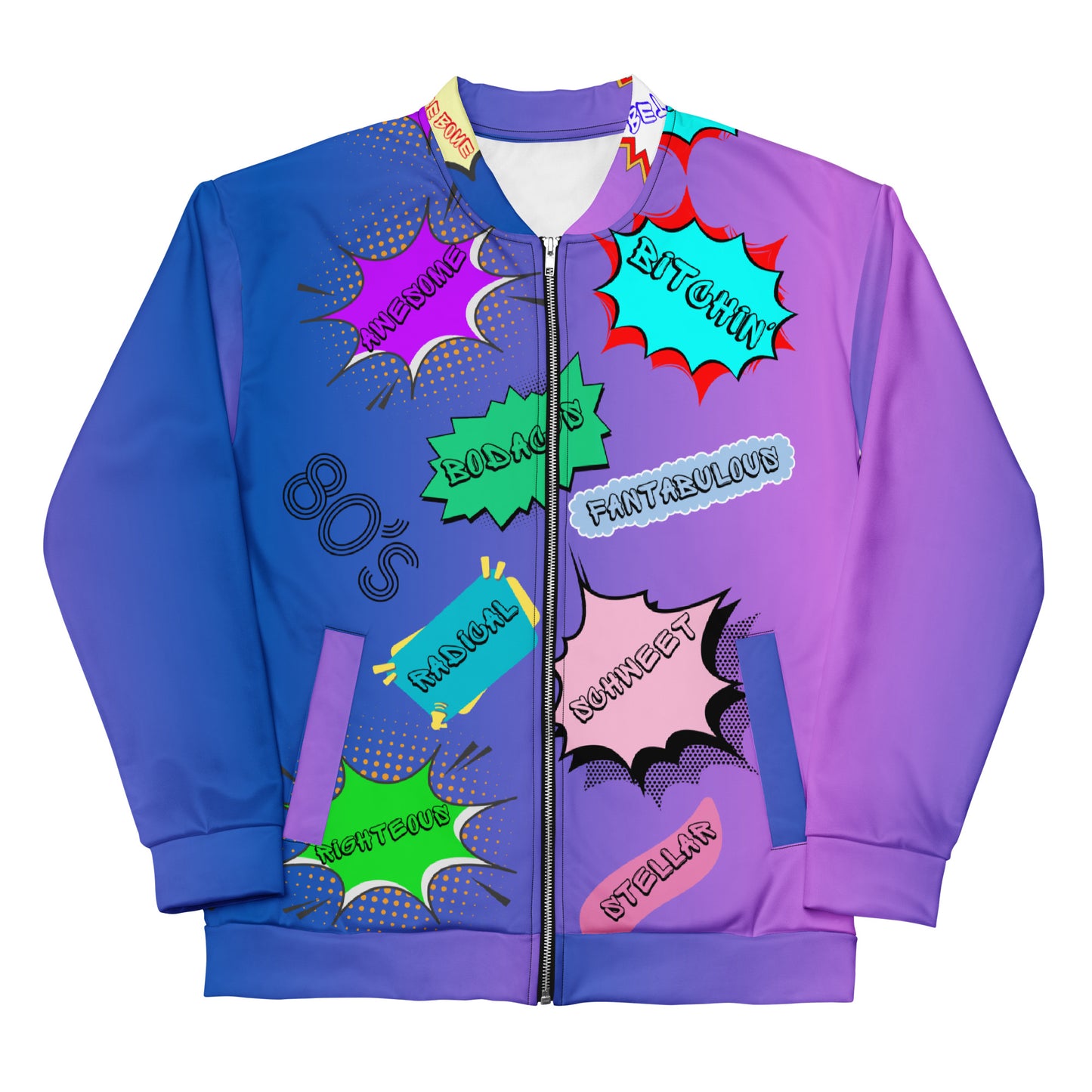 Unisex 80s comic bomber jacket with retro pop art design by Hipyfi Clothes & Design. front-6