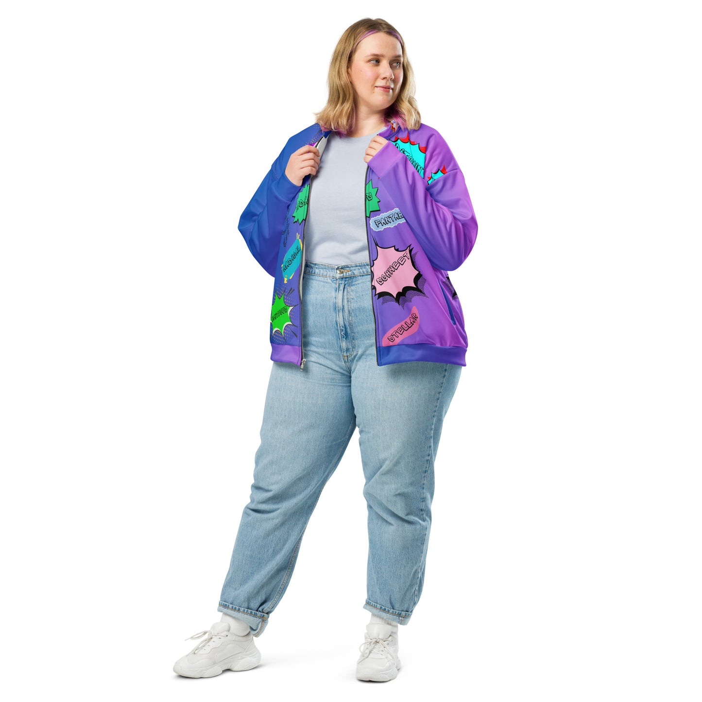 Unisex 80s comic bomber jacket with retro pop art design by Hipyfi Clothes & Design. front-2
