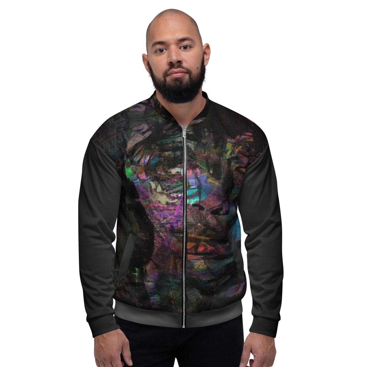Chromatic Dreams Unisex Abstract Bomber Jacket with vibrant colorful print, featuring abstract art design, by Hipyfi Clothes & Design front-3