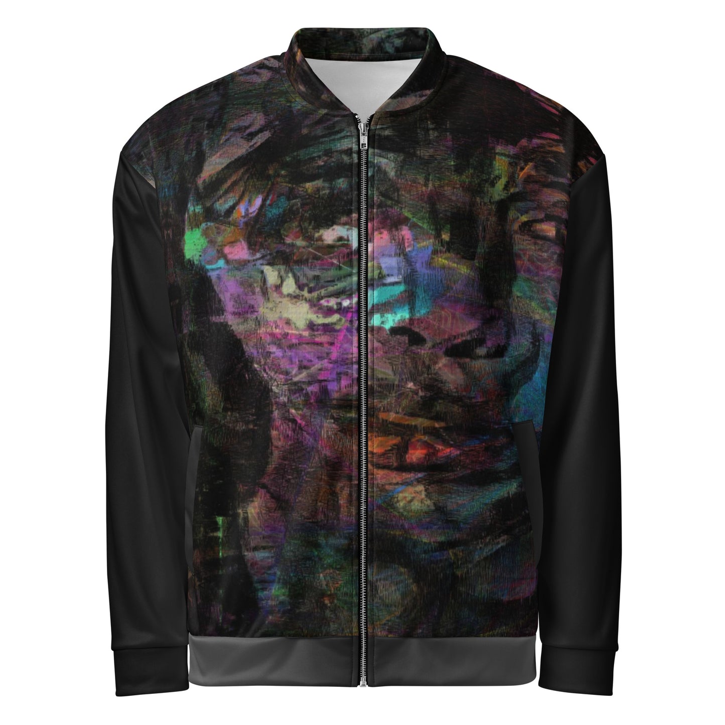 Chromatic Dreams Unisex Abstract Bomber Jacket with vibrant colorful print, featuring abstract art design, by Hipyfi Clothes & Design front-5