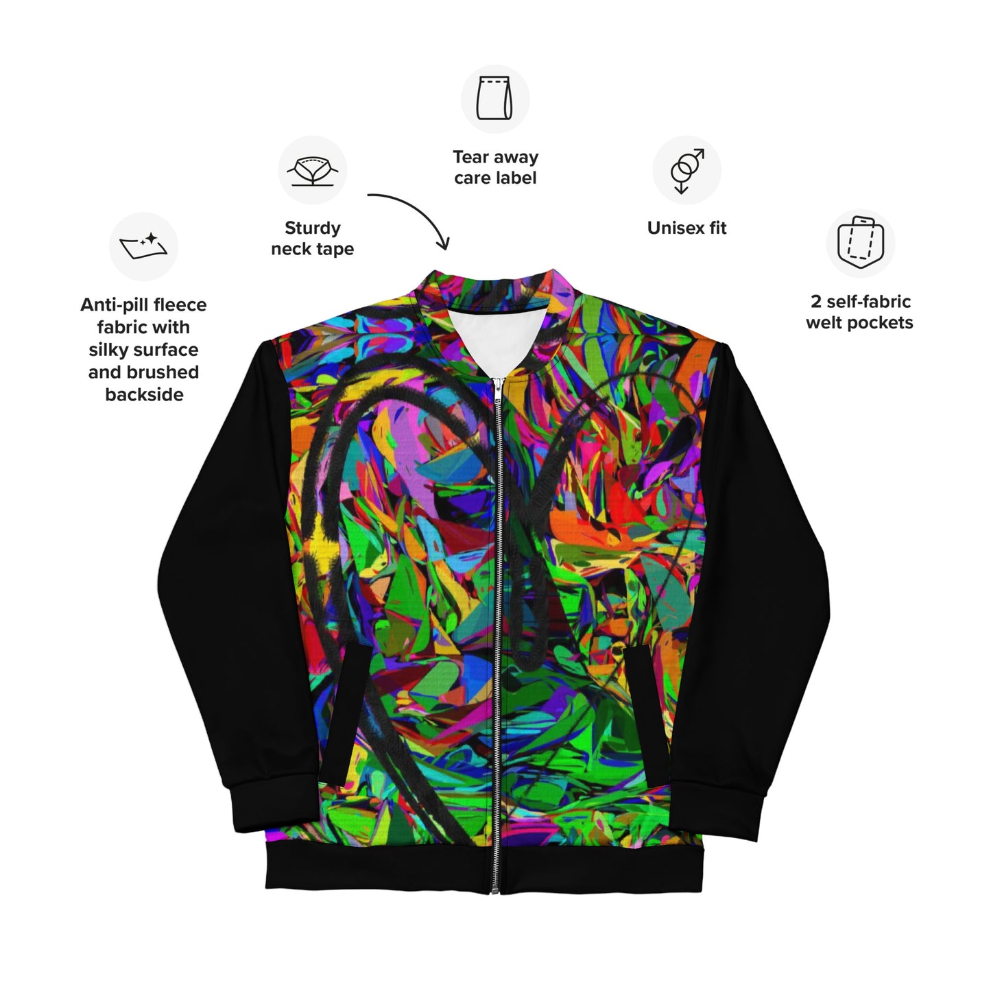 Unisex bomber jacket with vibrant neon abstract print – streetwear by Hipyfi Clothes & Design Product-Info
