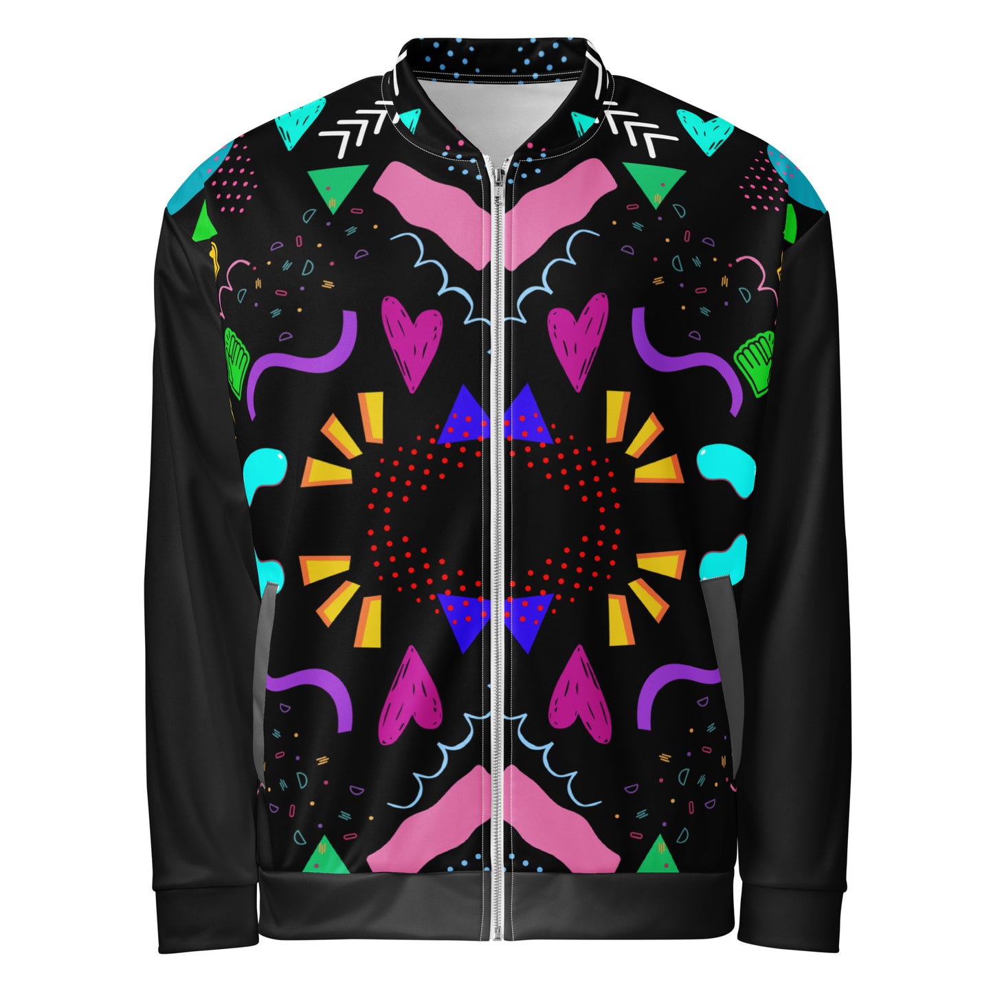 Unisex bomber jacket with retro pop art Memphis design by Hipyfi Clothes & Design. front-6
