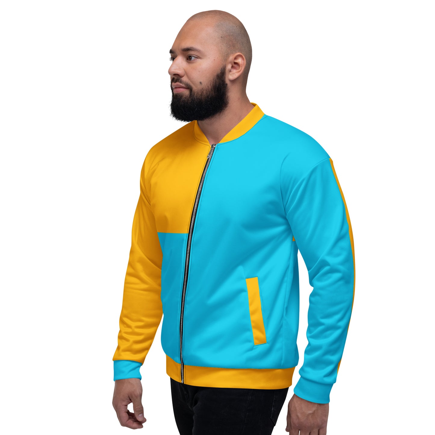 Modern unisex color-block bomber jacket in mustard yellow and cyan blue by Hipyfi Clothes & Design. left-3