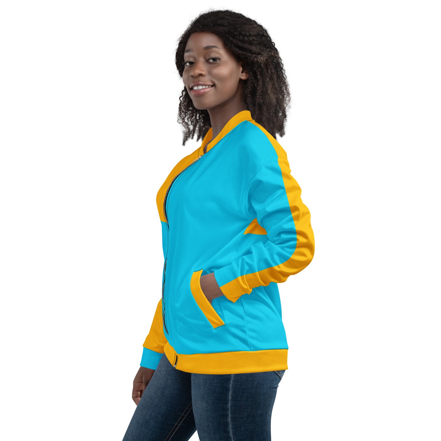 Modern unisex color-block bomber jacket in mustard yellow and cyan blue by Hipyfi Clothes & Design. left-4