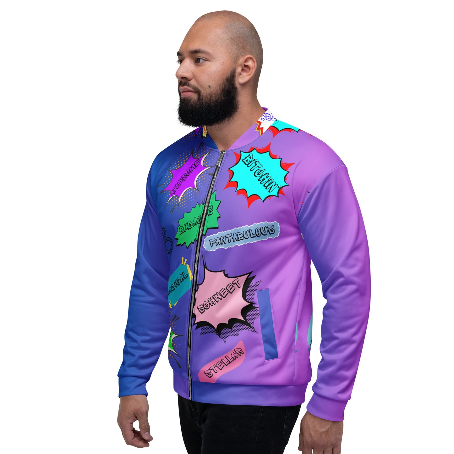 Unisex 80s comic bomber jacket with retro pop art design by Hipyfi Clothes & Design. left-3