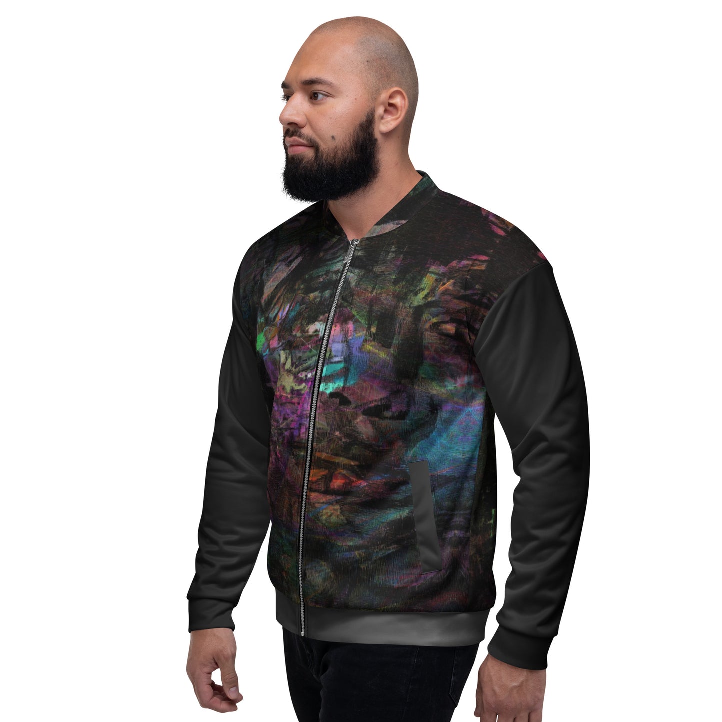 Chromatic Dreams Unisex Abstract Bomber Jacket with vibrant colorful print, featuring abstract art design, by Hipyfi Clothes & Design left-3