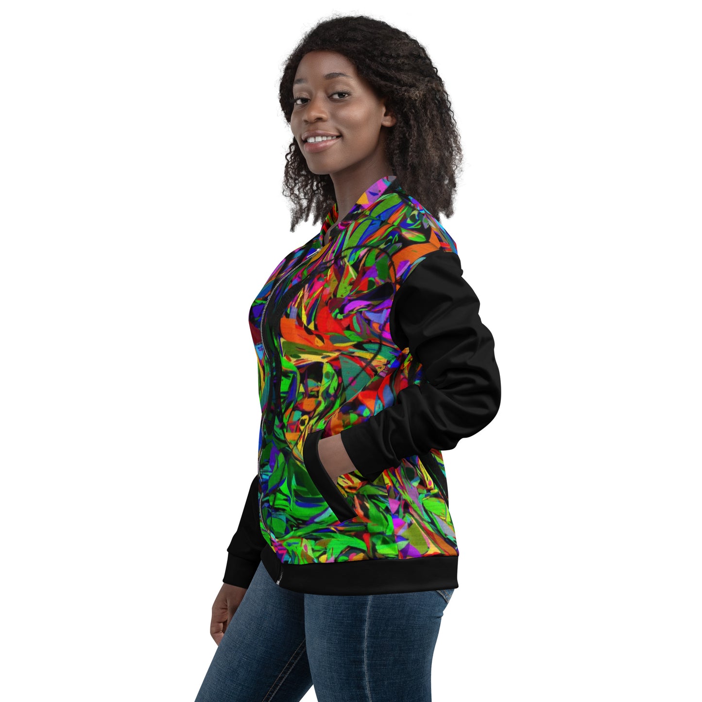 Unisex bomber jacket with vibrant neon abstract print – streetwear by Hipyfi Clothes & Design Left-4