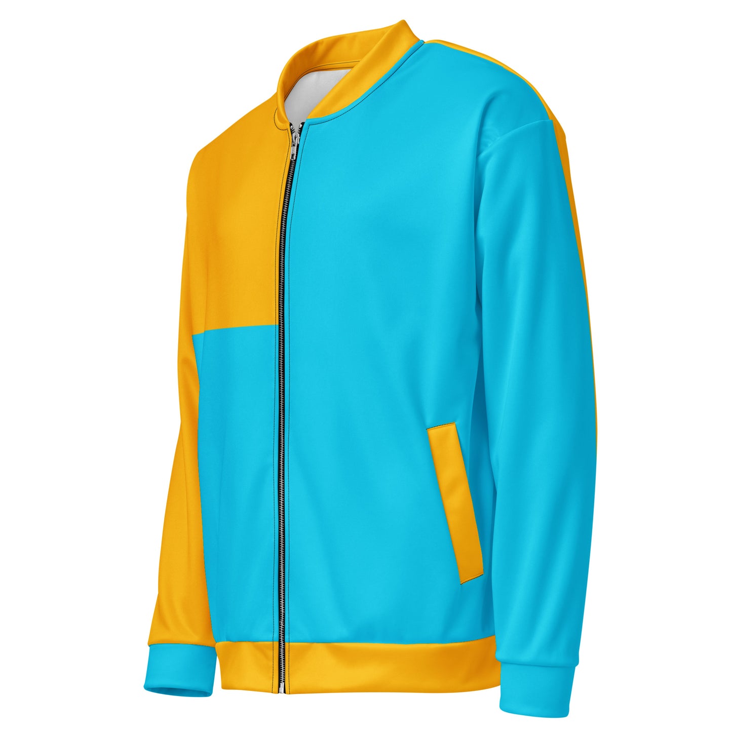 Modern unisex color-block bomber jacket in mustard yellow and cyan blue by Hipyfi Clothes & Design. left-front-5