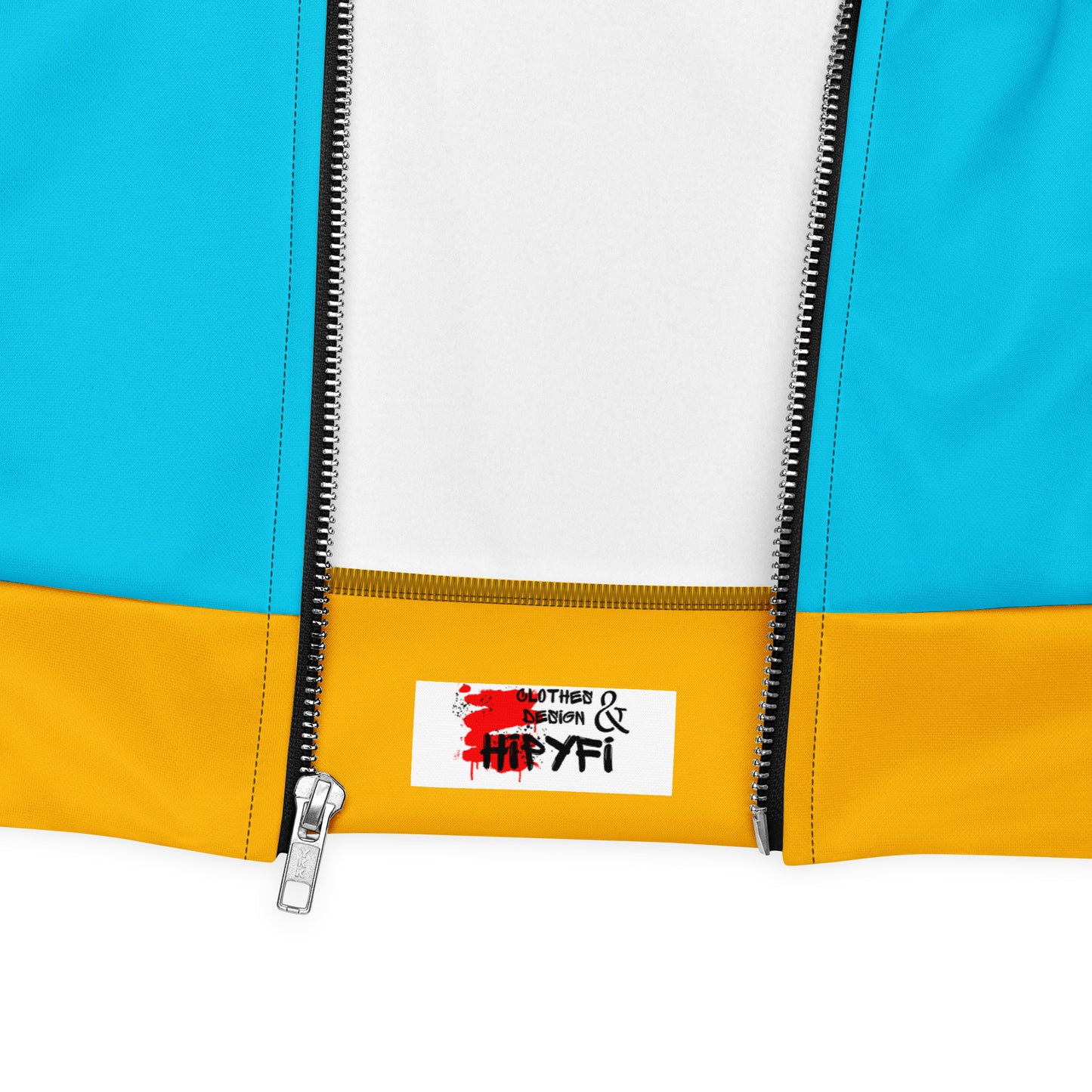 Modern unisex color-block bomber jacket in mustard yellow and cyan blue by Hipyfi Clothes & Design. product-details