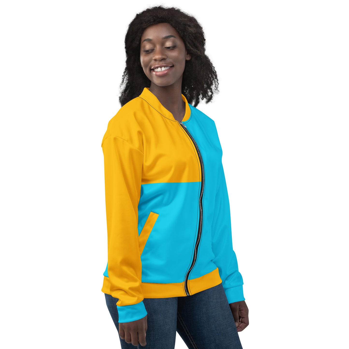 Modern unisex color-block bomber jacket in mustard yellow and cyan blue by Hipyfi Clothes & Design. right-4