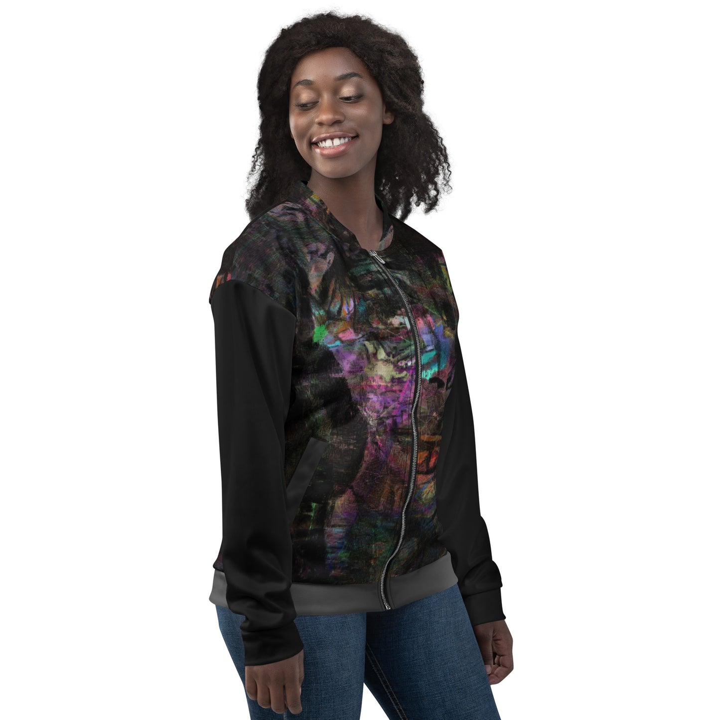 Chromatic Dreams Unisex Abstract Bomber Jacket with vibrant colorful print, featuring abstract art design, by Hipyfi Clothes & Design right-4