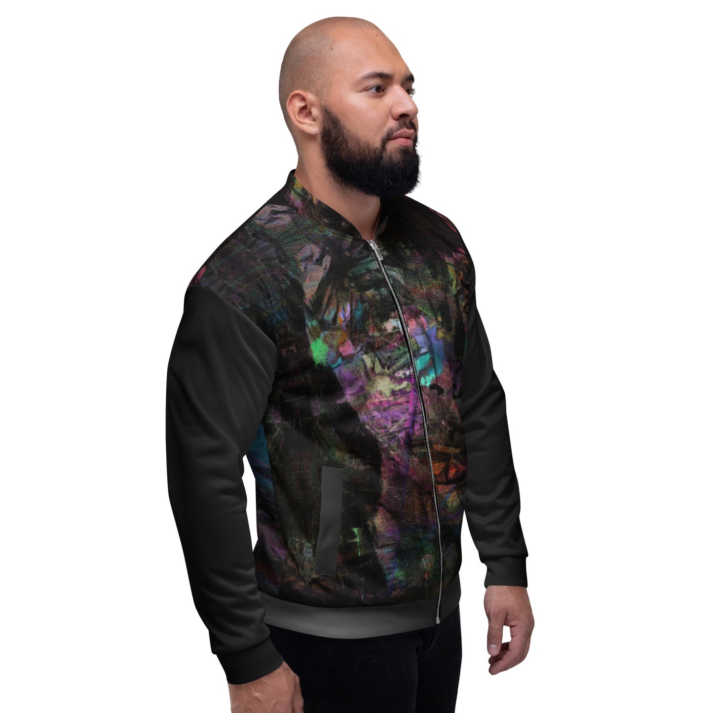 Chromatic Dreams Unisex Abstract Bomber Jacket with vibrant colorful print, featuring abstract art design, by Hipyfi Clothes & Design right-3