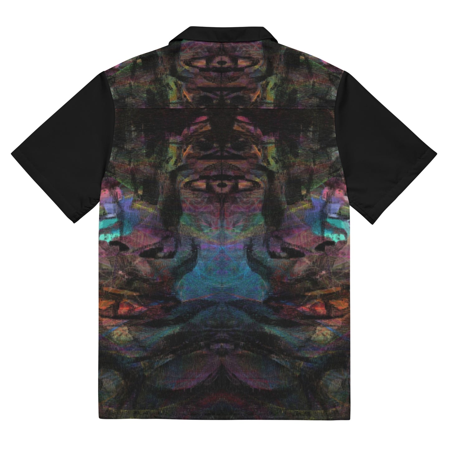 Hipyfi Colorful unisex button-up shirt with abstract and modern design in vibrant colors. Ideal for summer, with UPF50+ sun protection. back-7