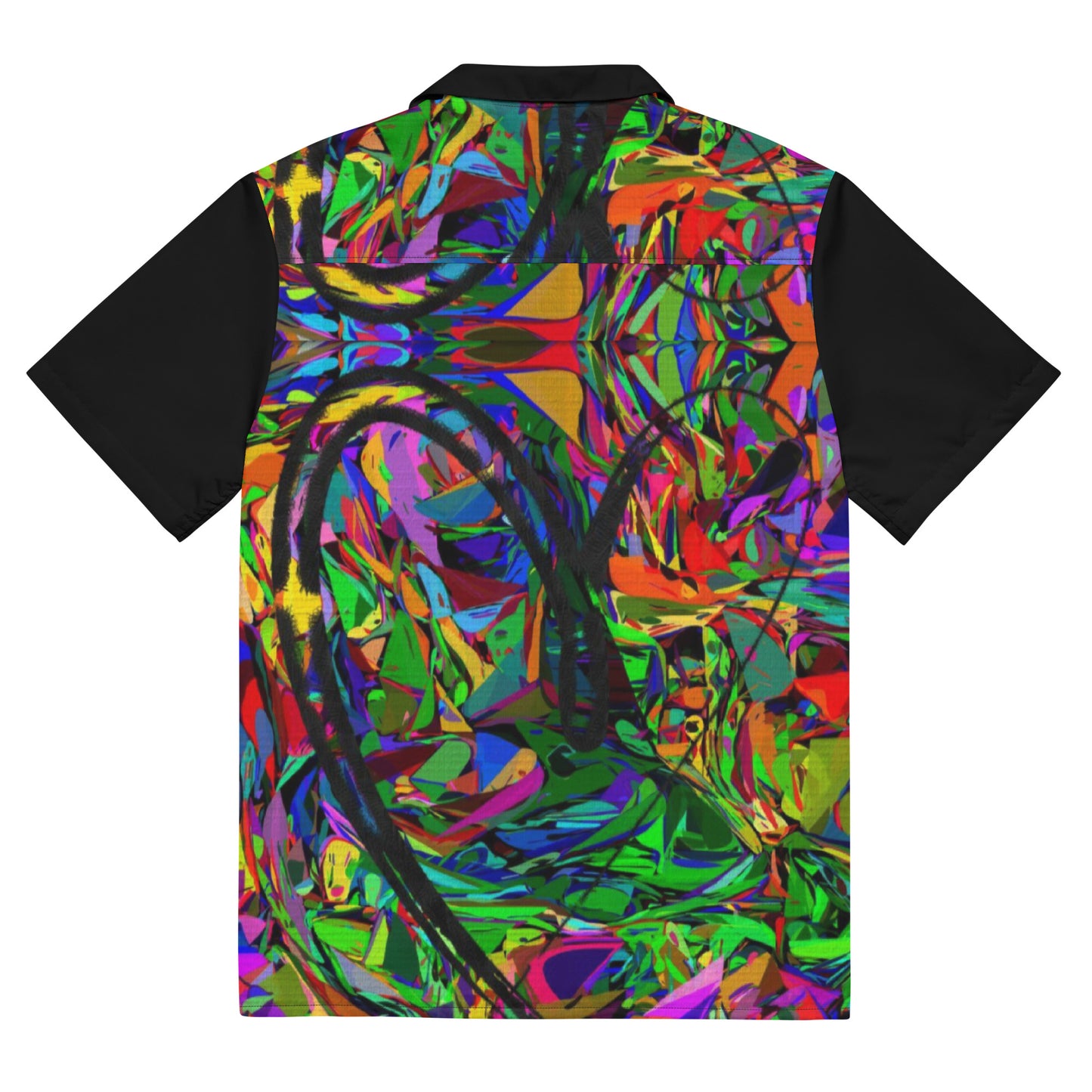 Unisex abstract neon print button-up shirt with vibrant street art design by Hipyfi Clothes & Design Back-7