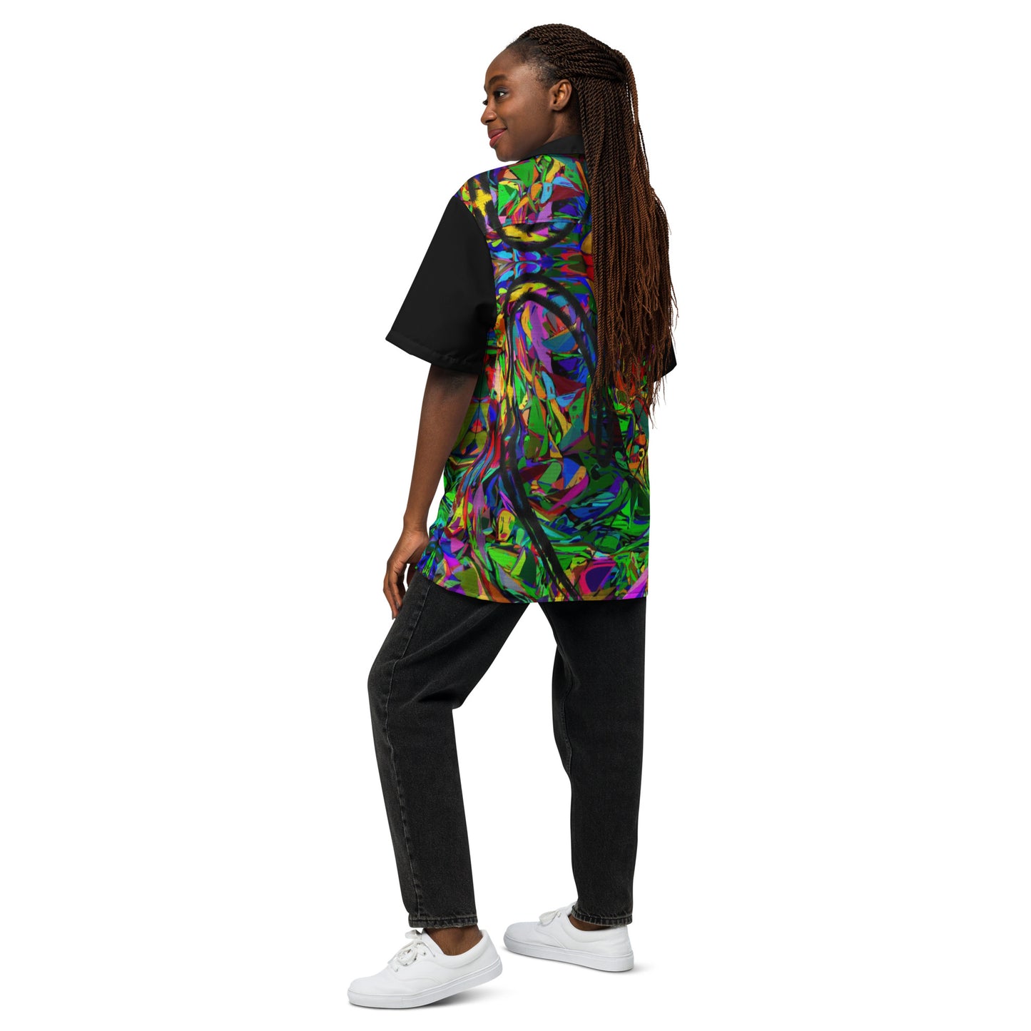 Unisex abstract neon print button-up shirt with vibrant street art design by Hipyfi Clothes & Design Back-8