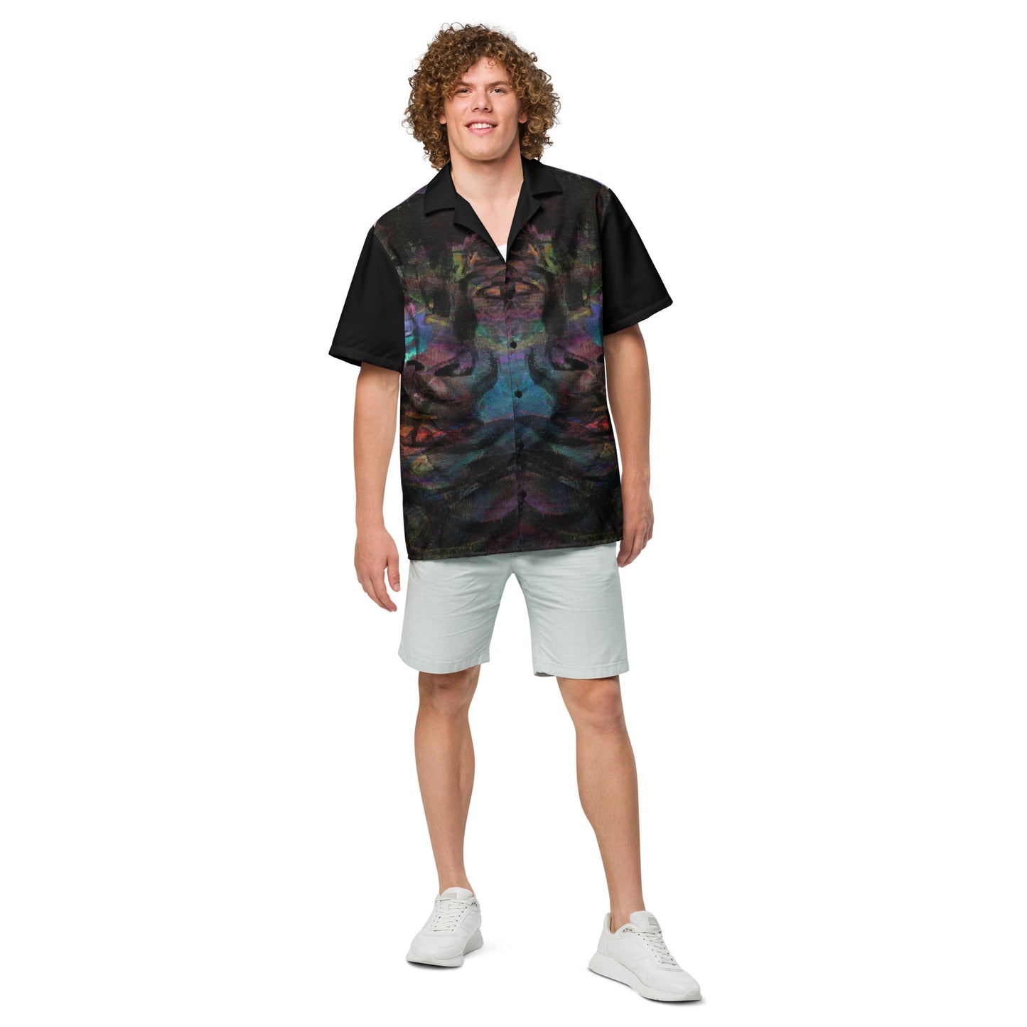 Hipyfi Colorful unisex button-up shirt with abstract and modern design in vibrant colors. Ideal for summer, with UPF50+ sun protection. front-3