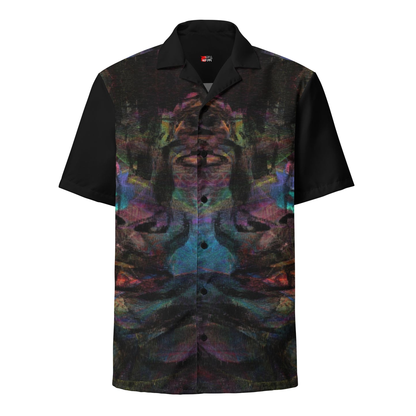 Hipyfi Colorful unisex button-up shirt with abstract and modern design in vibrant colors. Ideal for summer, with UPF50+ sun protection. front-6