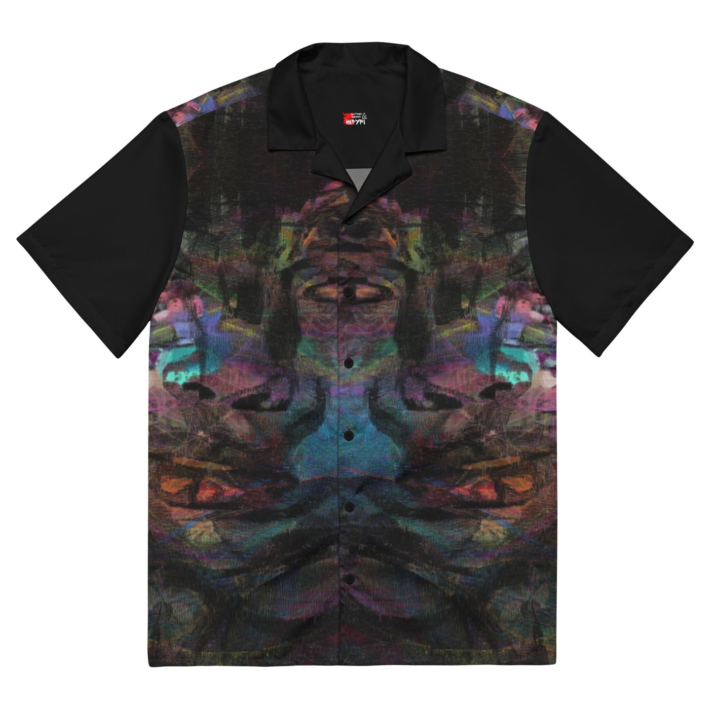 Hipyfi Colorful unisex button-up shirt with abstract and modern design in vibrant colors. Ideal for summer, with UPF50+ sun protection. front-7
