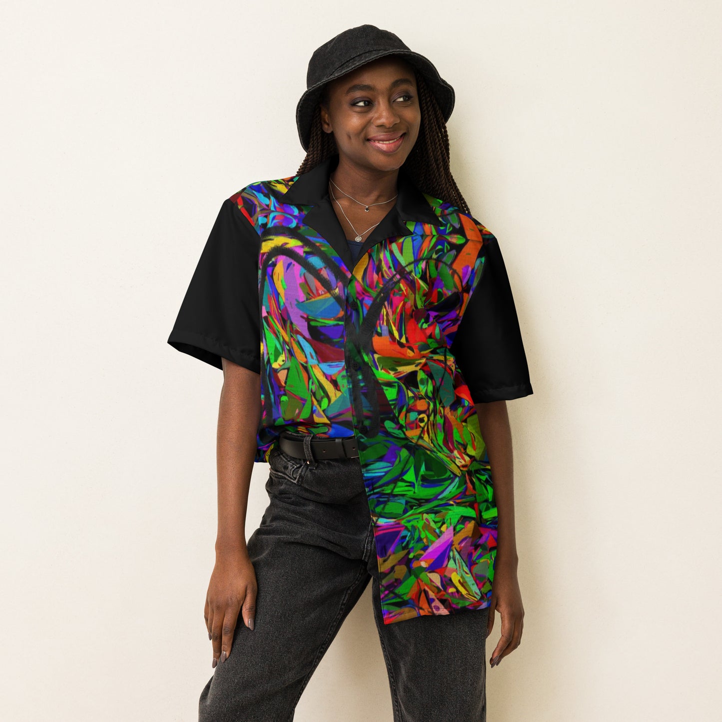Unisex abstract neon print button-up shirt with vibrant street art design by Hipyfi Clothes & Design Front-3