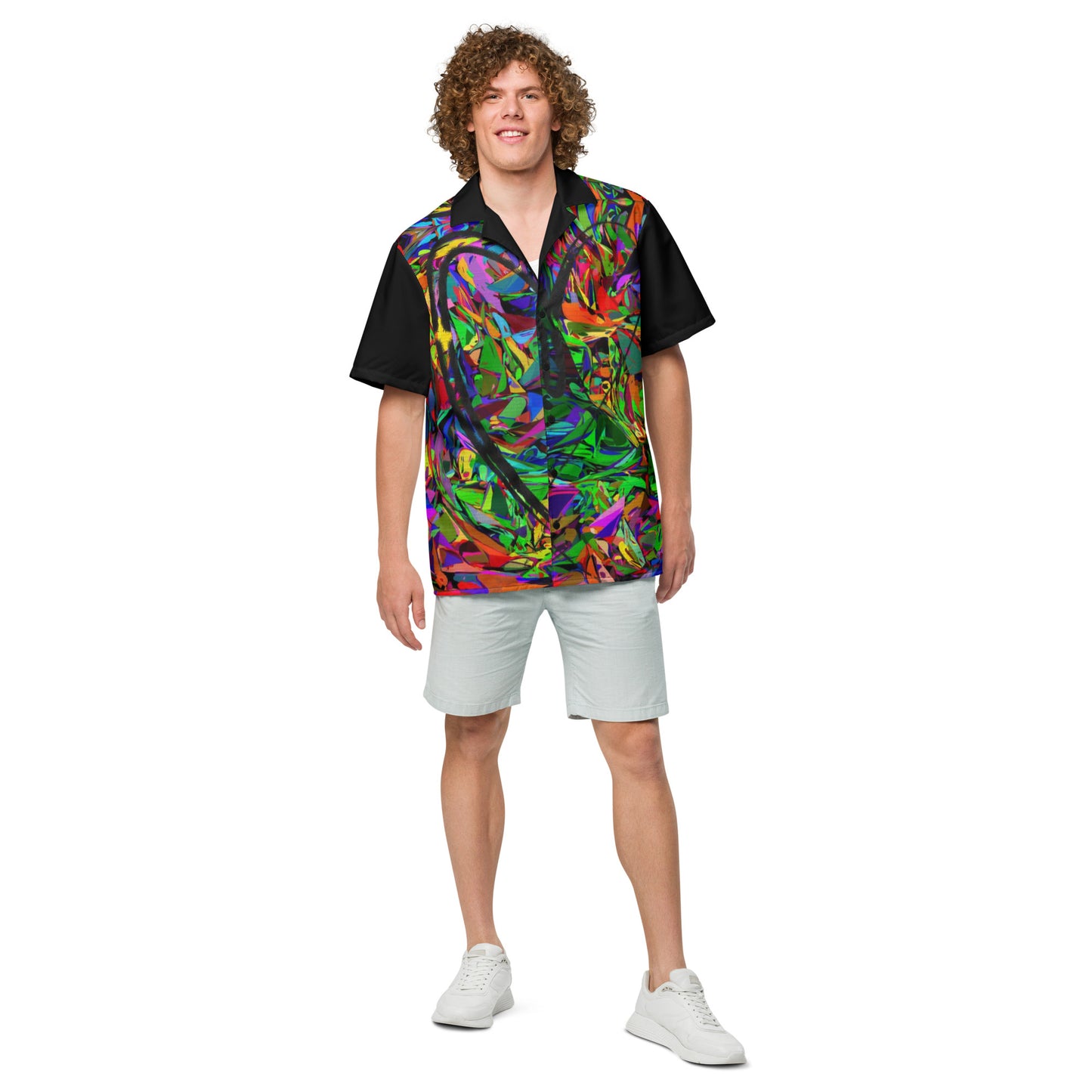 Unisex abstract neon print button-up shirt with vibrant street art design by Hipyfi Clothes & Design Front