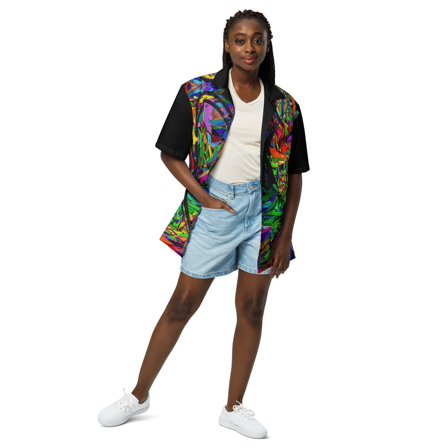 Unisex abstract neon print button-up shirt with vibrant street art design by Hipyfi Clothes & Design Front-8