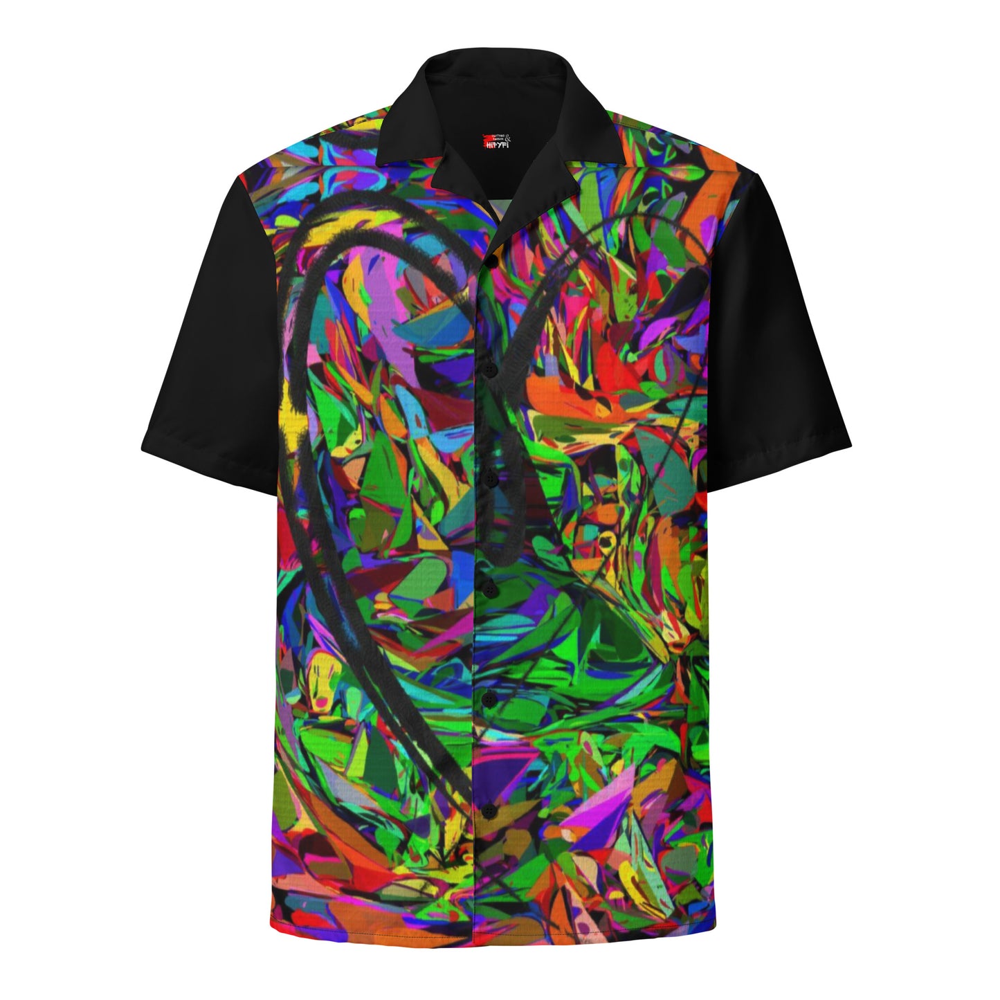 Unisex abstract neon print button-up shirt with vibrant street art design by Hipyfi Clothes & Design Front-6