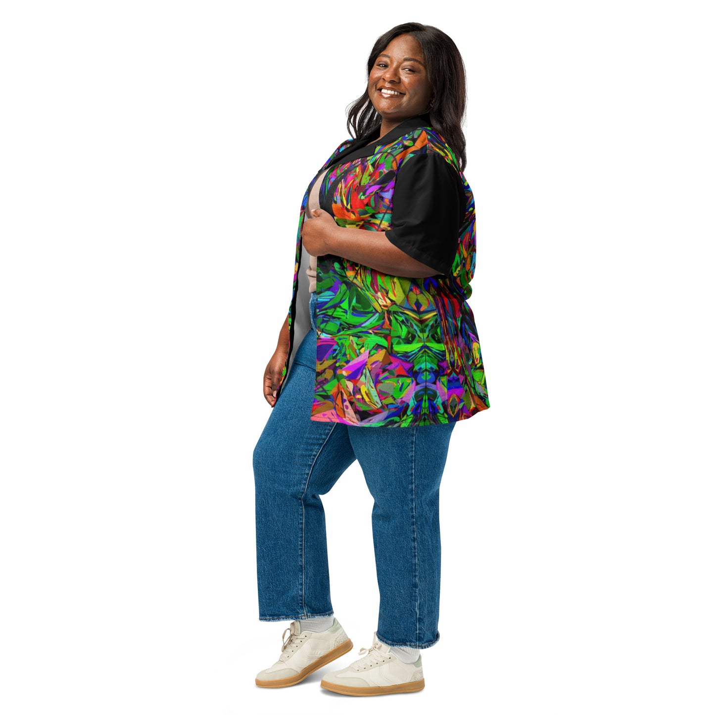 Unisex abstract neon print button-up shirt with vibrant street art design by Hipyfi Clothes & Design Left-2