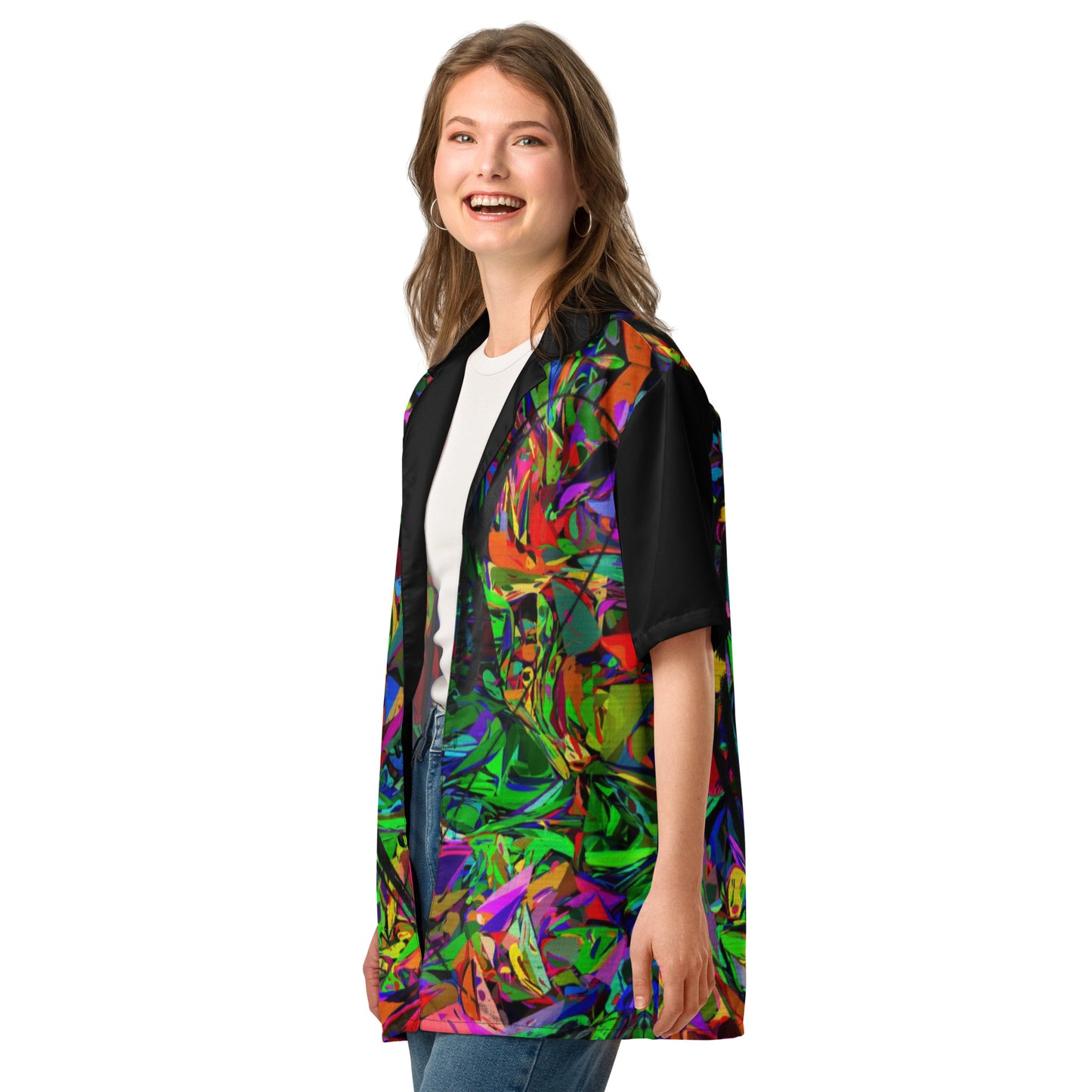Unisex abstract neon print button-up shirt with vibrant street art design by Hipyfi Clothes & Design Left-Front-4