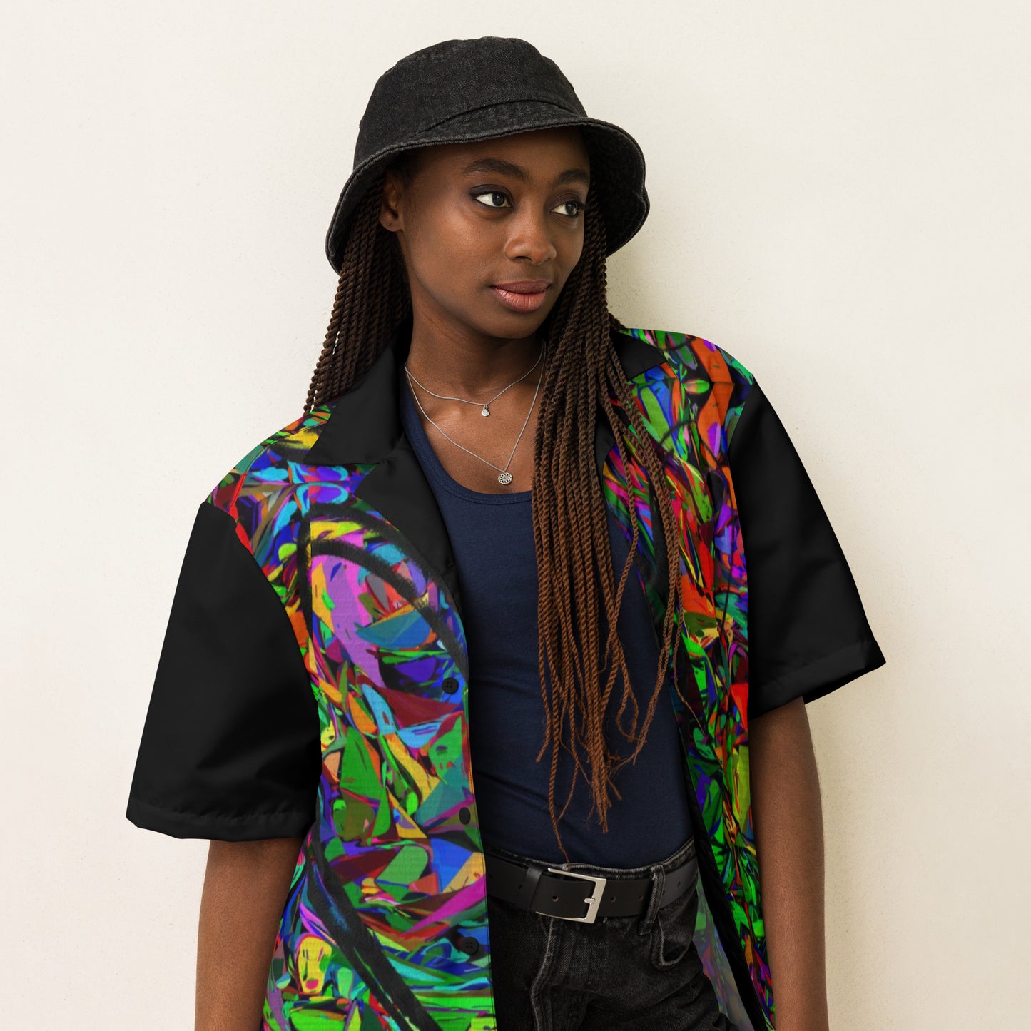 Unisex abstract neon print button-up shirt with vibrant street art design by Hipyfi Clothes & Design Right-Front-3