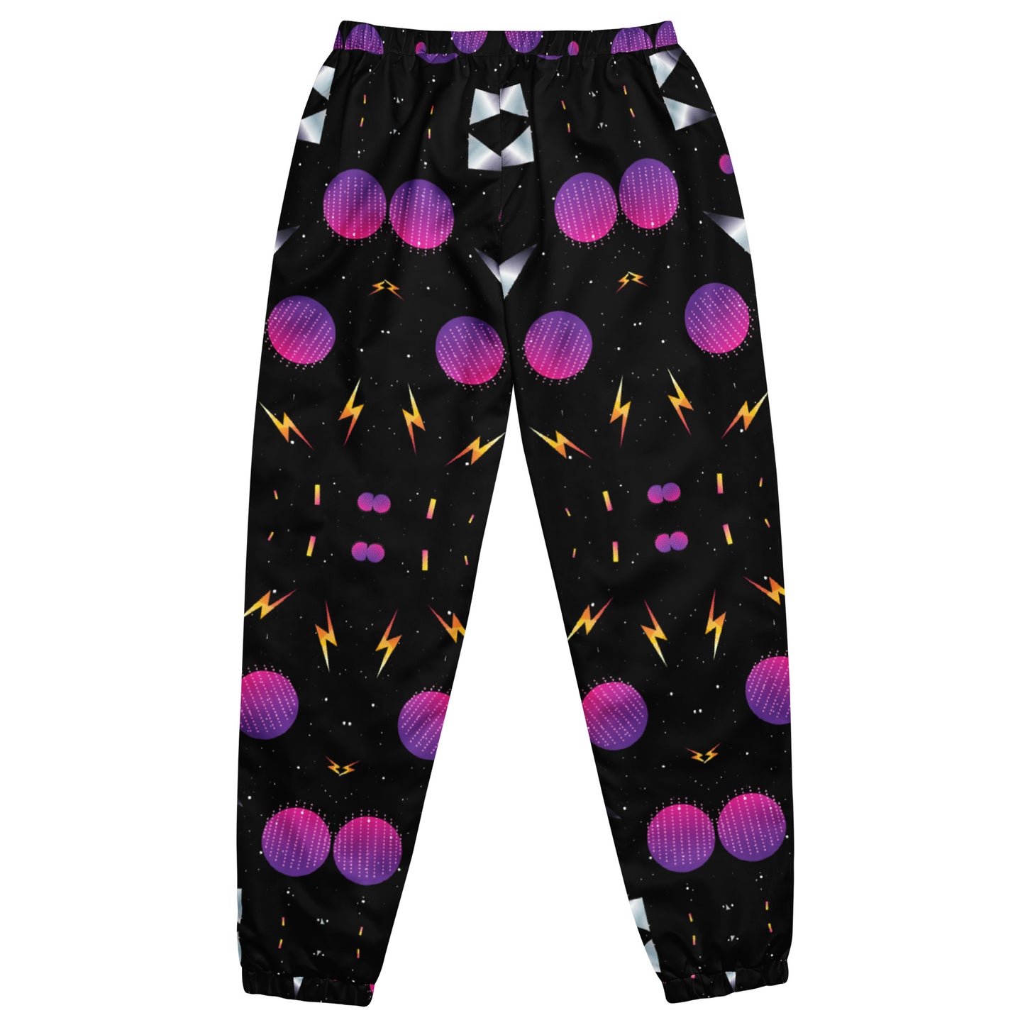 Hipyfi Synthwave Unisex Track Pants with retro geometric neon 80s design – streetwear joggers for men and women. back-6